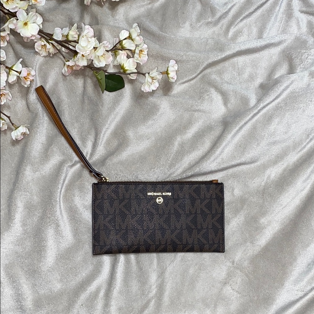 michael kors dark brown monogram wristlet
